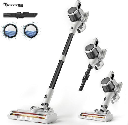 BSNAW Lightweight Cordless Stick Vacuum Cleaner with Battery - 45 Min Runtime, 8-in-1 Handheld for Pet Hair, Hard Floors & Carpets, Powerful Suction, White