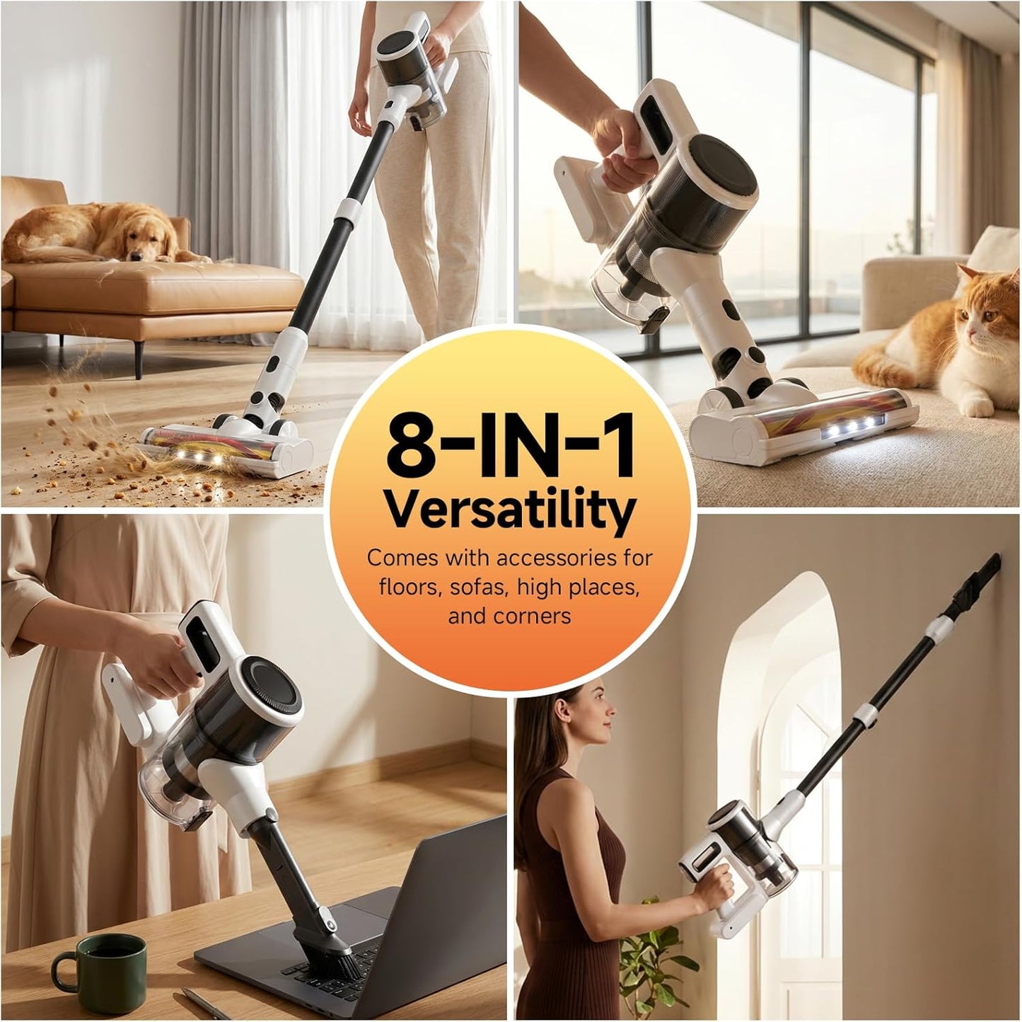 BSNAW Lightweight Cordless Stick Vacuum Cleaner with Battery - 45 Min Runtime, 8-in-1 Handheld for Pet Hair, Hard Floors & Carpets, Powerful Suction, White