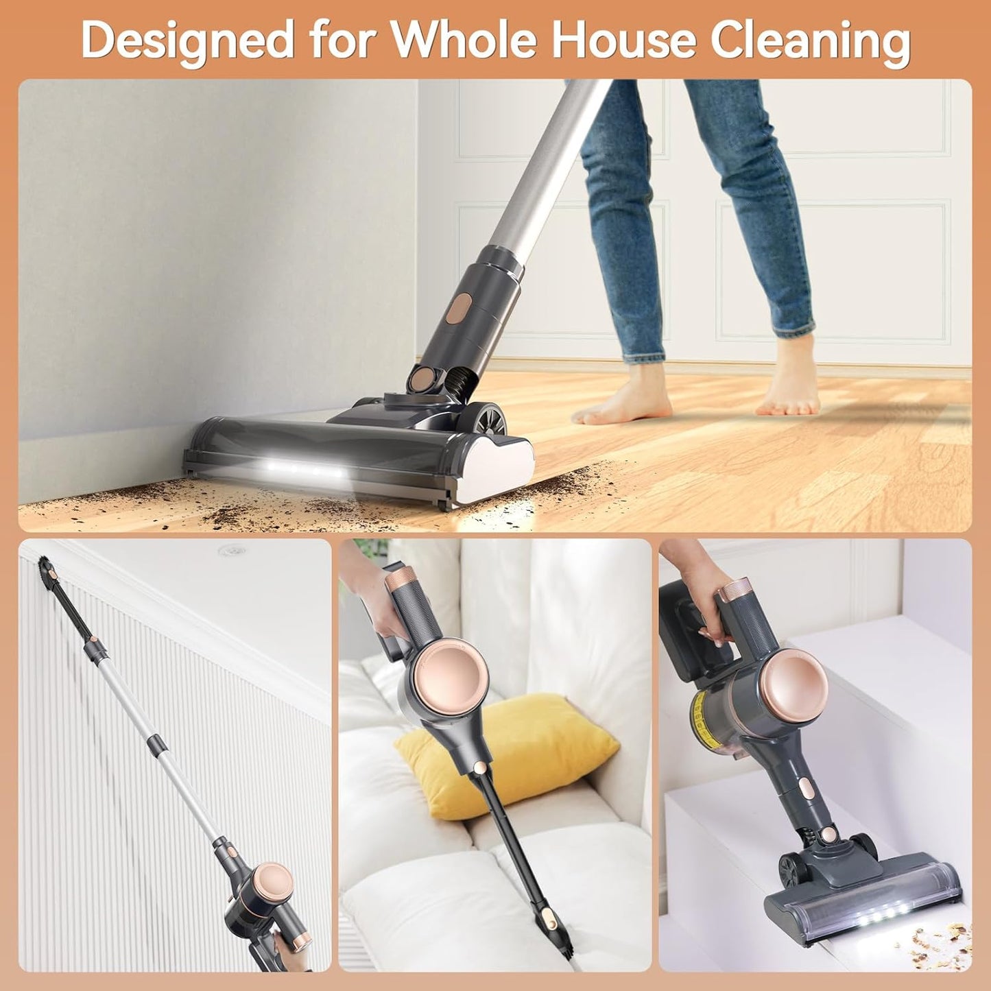 N8 Cordless Vacuum Cleaner, Lightweight Stick Vacuum with Powerful Suction, 2200mAh Battery, 40 Mins Runtime, Self-Standing, Rechargeable Vacuum Cleaners for Home Hardwood Floor Carpet Pet Hair (Gold)