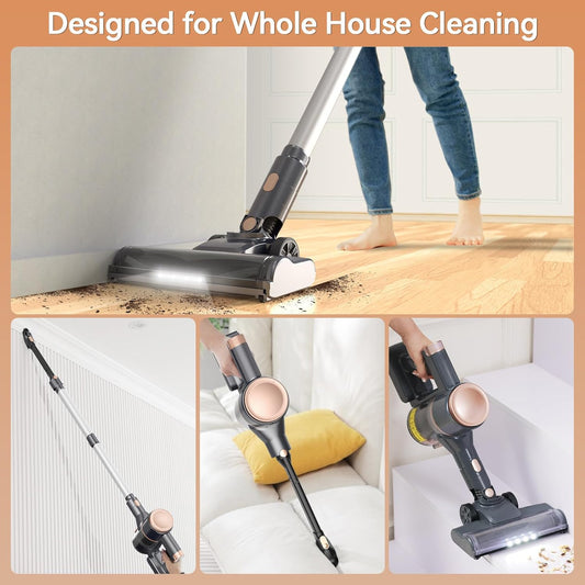 N8 Cordless Vacuum Cleaner, Lightweight Stick Vacuum with Powerful Suction, 2200mAh Battery, 40 Mins Runtime, Self-Standing, Rechargeable Vacuum Cleaners for Home Hardwood Floor Carpet Pet Hair (Gold)