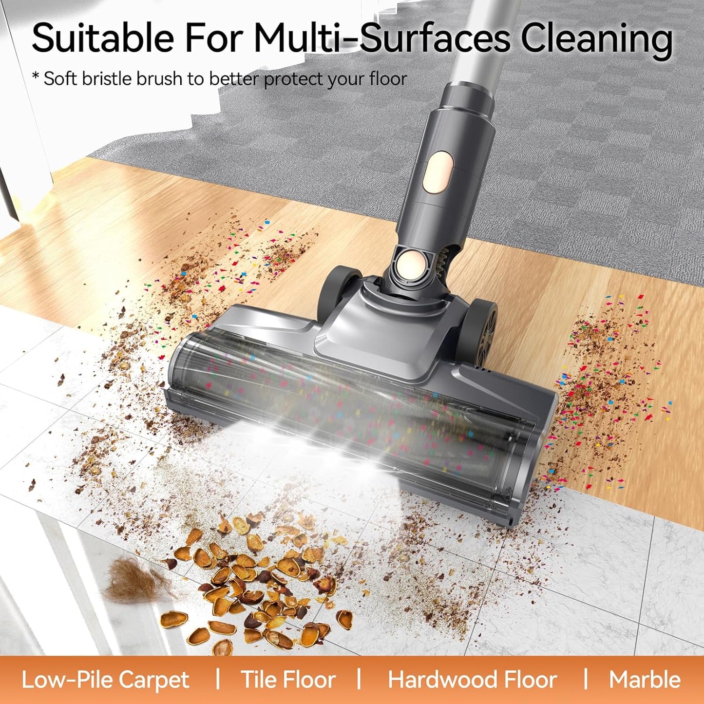N8 Cordless Vacuum Cleaner, Lightweight Stick Vacuum with Powerful Suction, 2200mAh Battery, 40 Mins Runtime, Self-Standing, Rechargeable Vacuum Cleaners for Home Hardwood Floor Carpet Pet Hair (Gold)