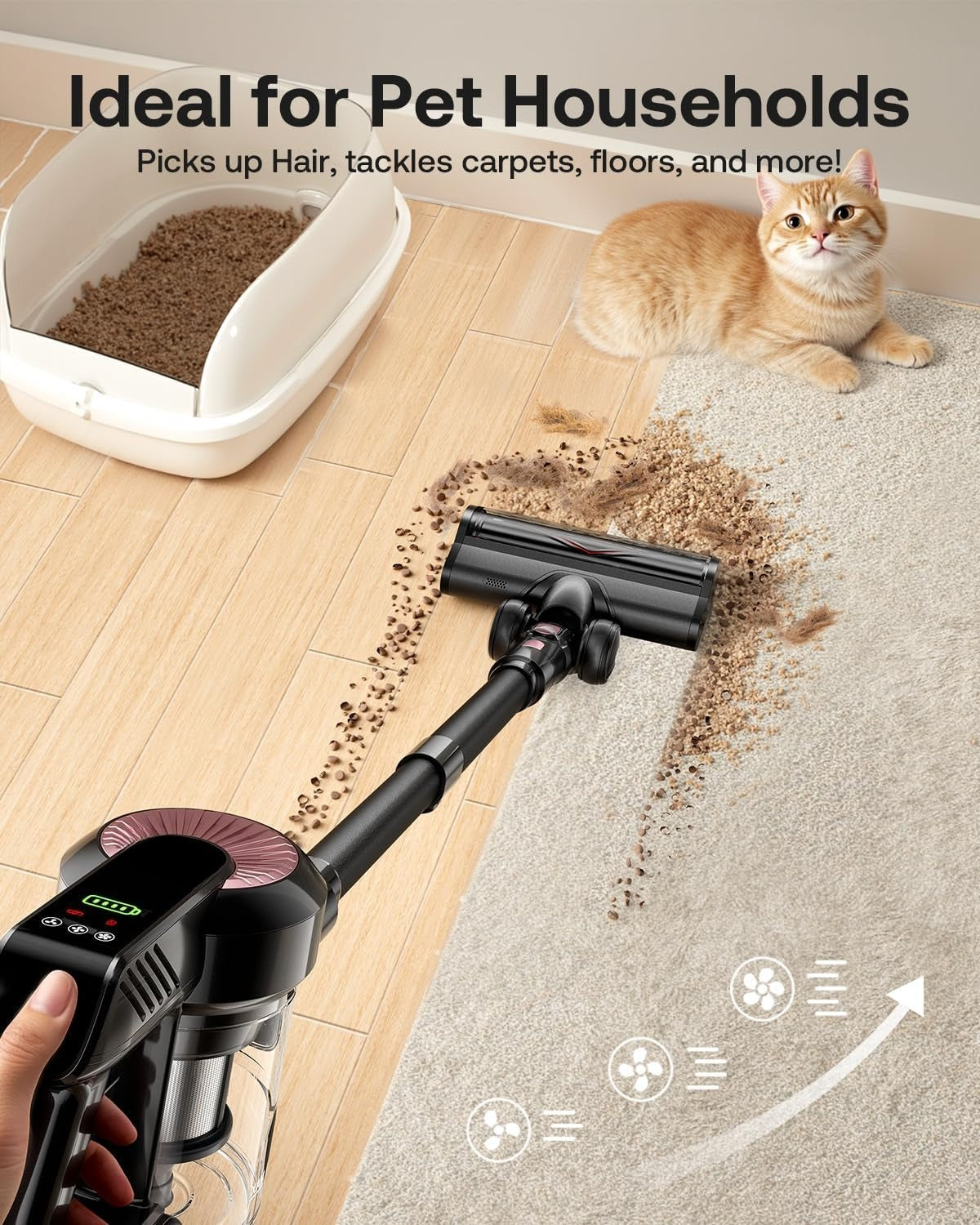Cordless Vacuum Cleaner, Self-Standing 40Kpa 45Mins Vacuum Cleaners for Home, 8-in-1 Lightweight Stick Vacuum with Anti-tangle Wireless Vacuum for Carpet, Tile, Pet Hair, Hardwood Floors, Black